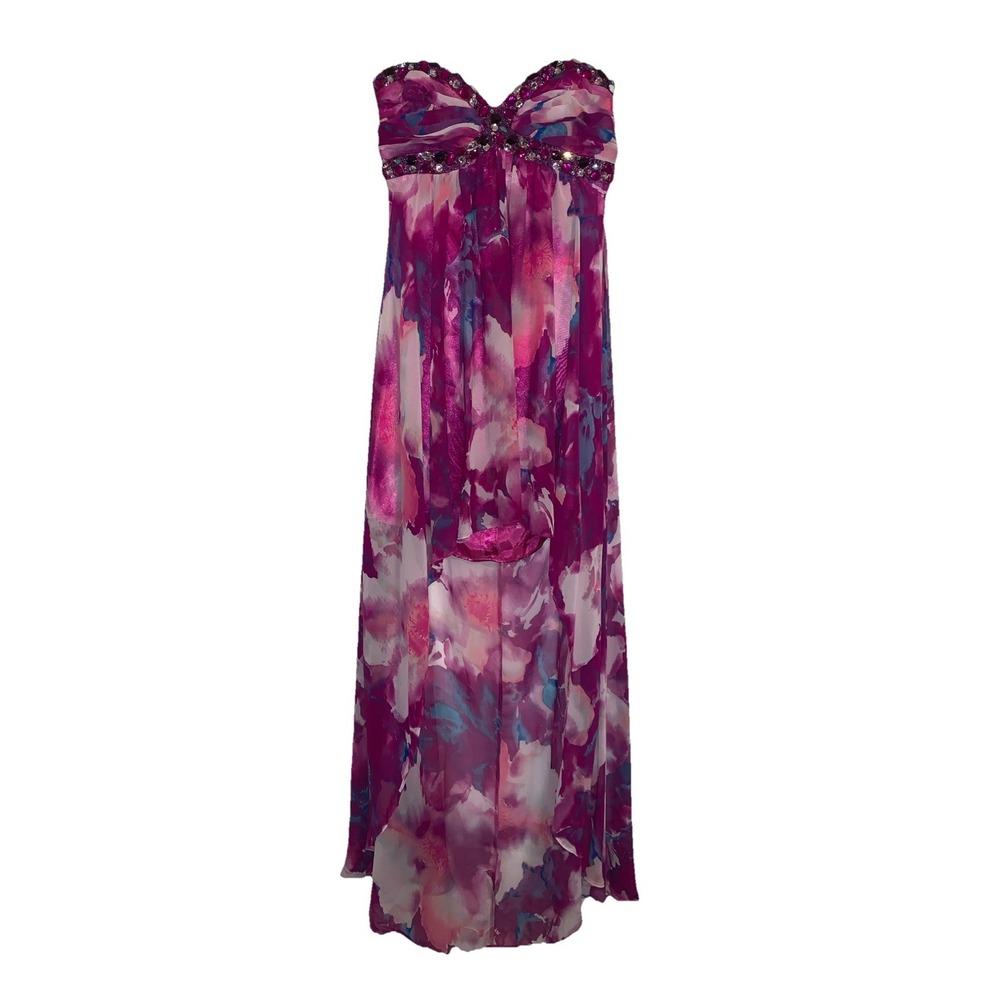 VTG Y2K Deb Strapless High Low‎ Dress Beaded Pink Purple Fairy Floral Cocktail